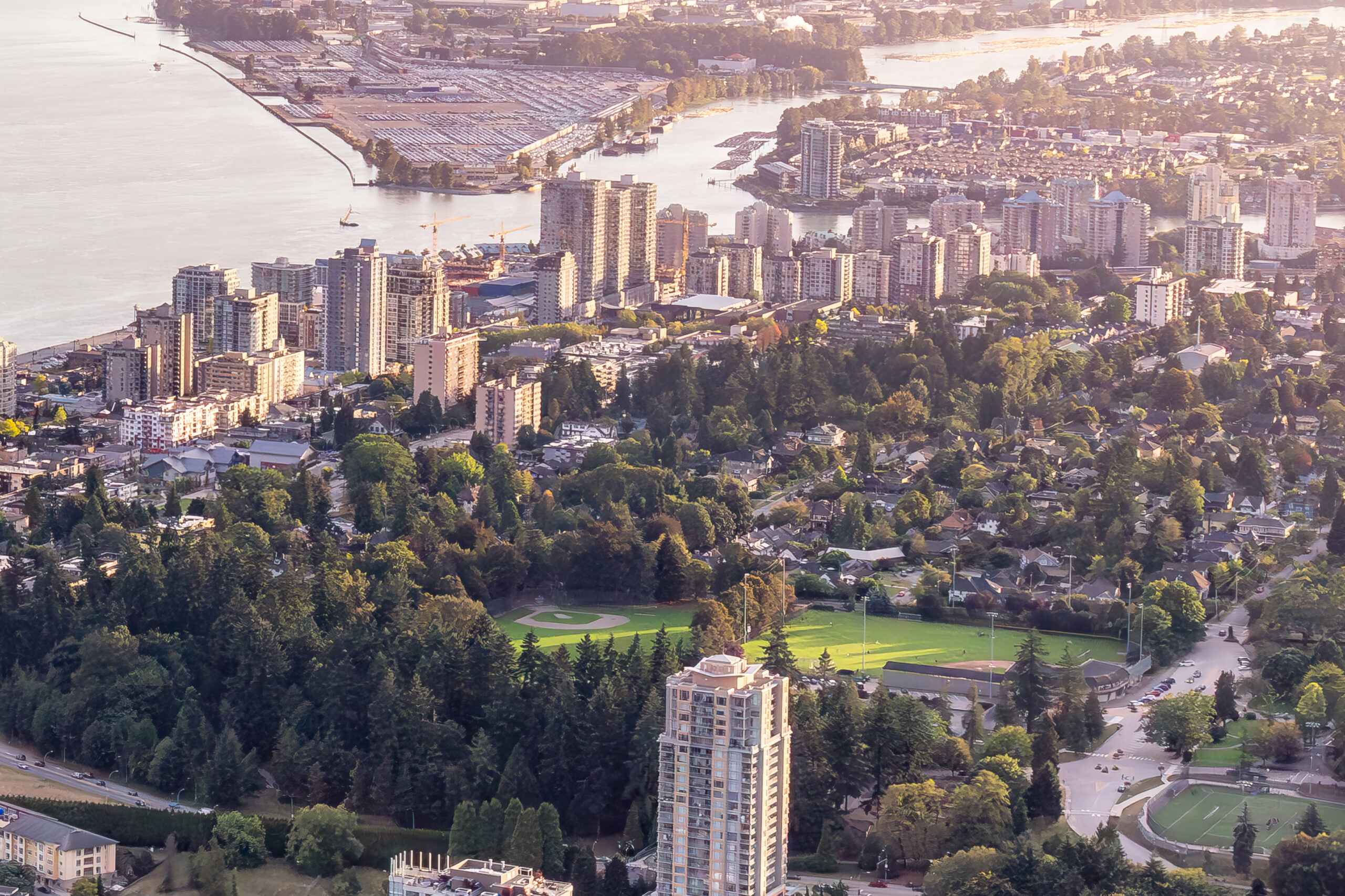 Aerial View of Bridge over Fraser River between Surrey and New Westminster. Greater Vancouver, BC, Canada.