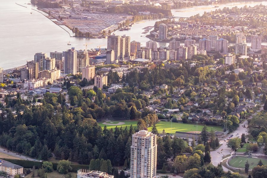 Aerial View of Bridge over Fraser River between Surrey and New Westminster. Greater Vancouver, BC, Canada.